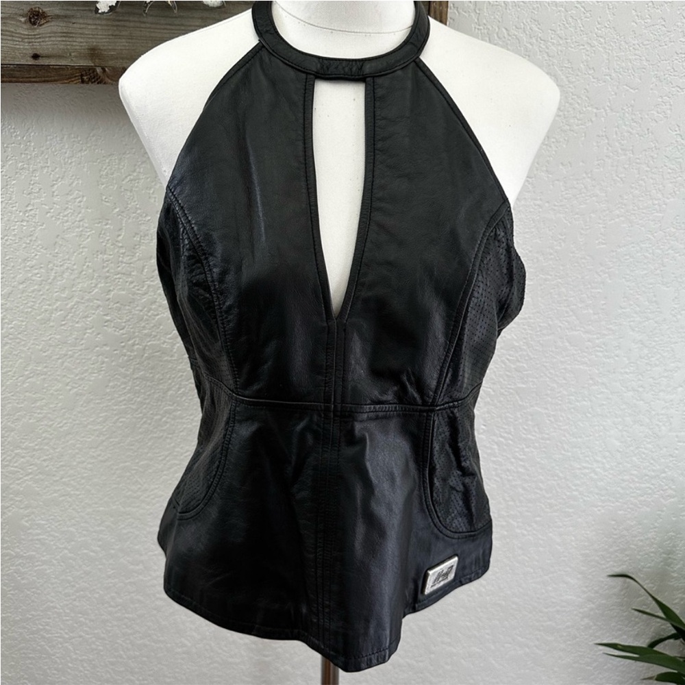 VTG Harley-Davidson black leather halter tank top ladies L NWT